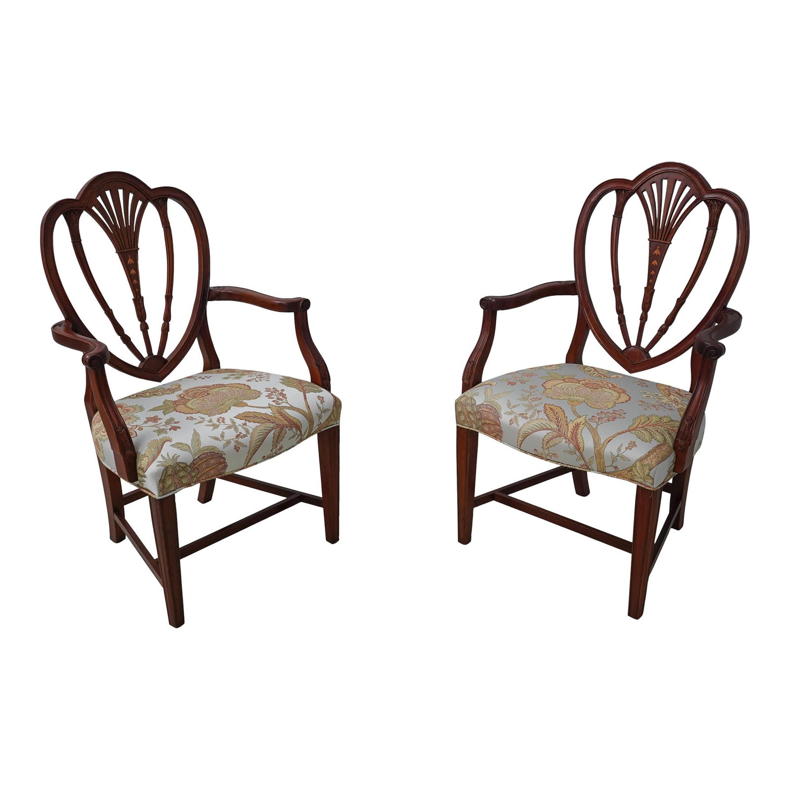 Exquisite Pair of Solid Mahogany Inlaid Shield Back Armchairs: Exquisite Pair of Solid Mahogany Inlaid Shield Back Armchairs This elegant pair of inlaid back mahogany shield back armchairs showcases traditional craftsmanship with a rich, warm brown finish. Crafte
