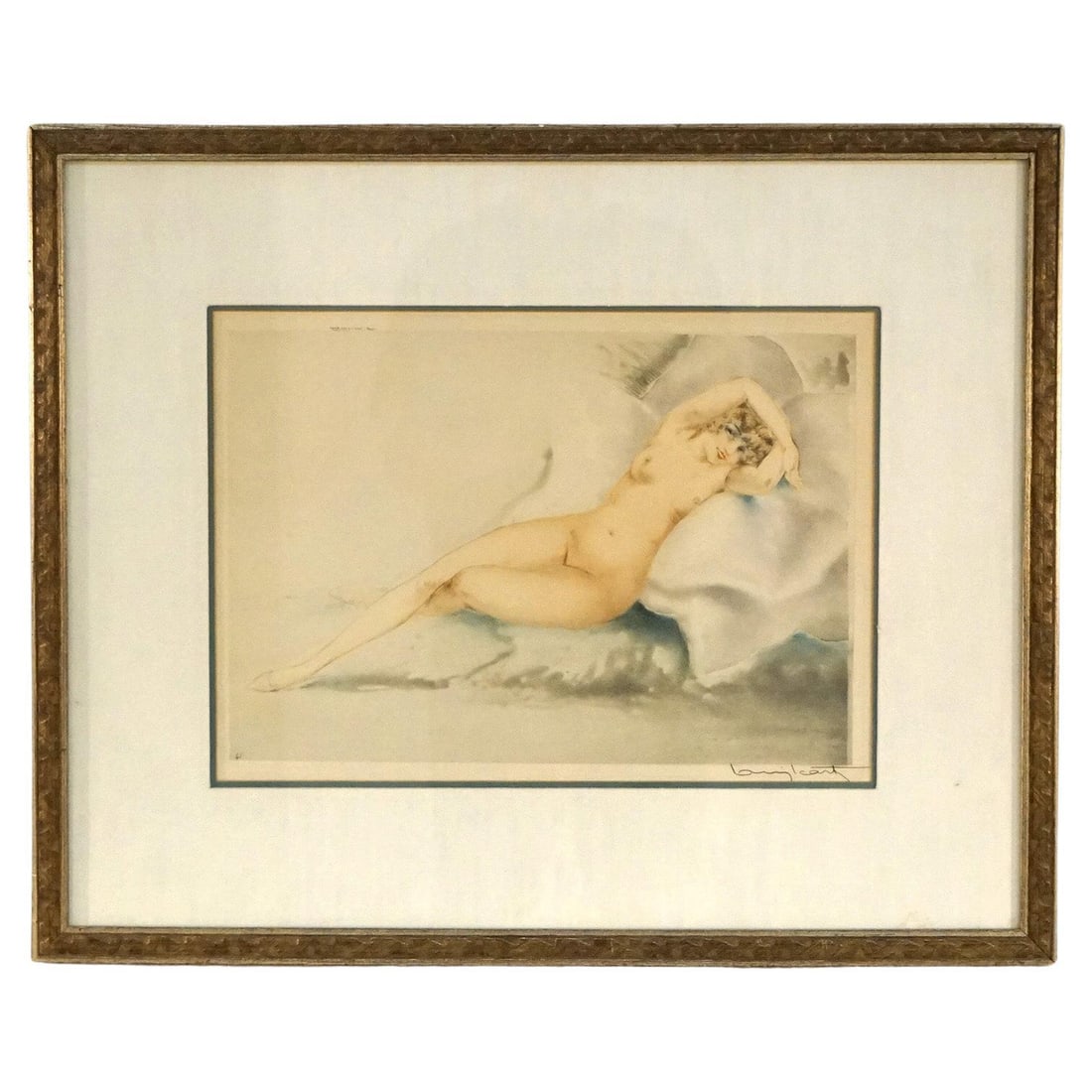 Art Deco Louis Icart Signed Etching Reclining Nude Woman Framed Circa 1920: Art Deco Louis Icart Signed Etching Reclining Nude Woman Framed Circa 1920 This Art Deco etching by Louis Icart, created circa 1920, depicts a reclining nude woman rendered with delicate lines and a s