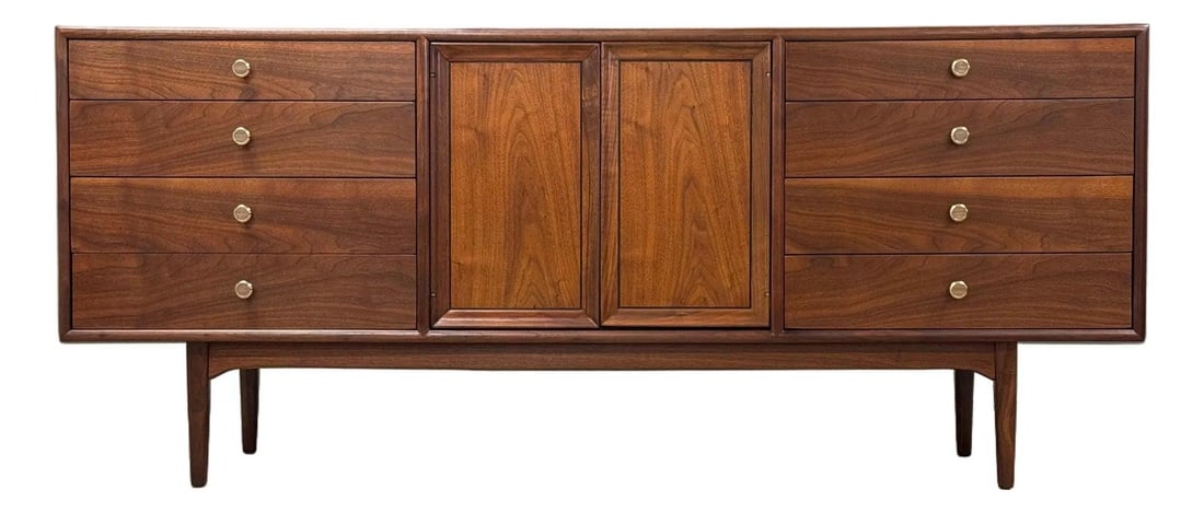 Kipp Stewart Mid Century Walnut Declaration Dresser Credenza: Kipp Stewart Mid Century Walnut Declaration Dresser Credenza This exquisite mid-century modern dresser credenza, designed by Kipp Stewart and Stewart MacDougall for Drexel, showcases a beautiful walnu