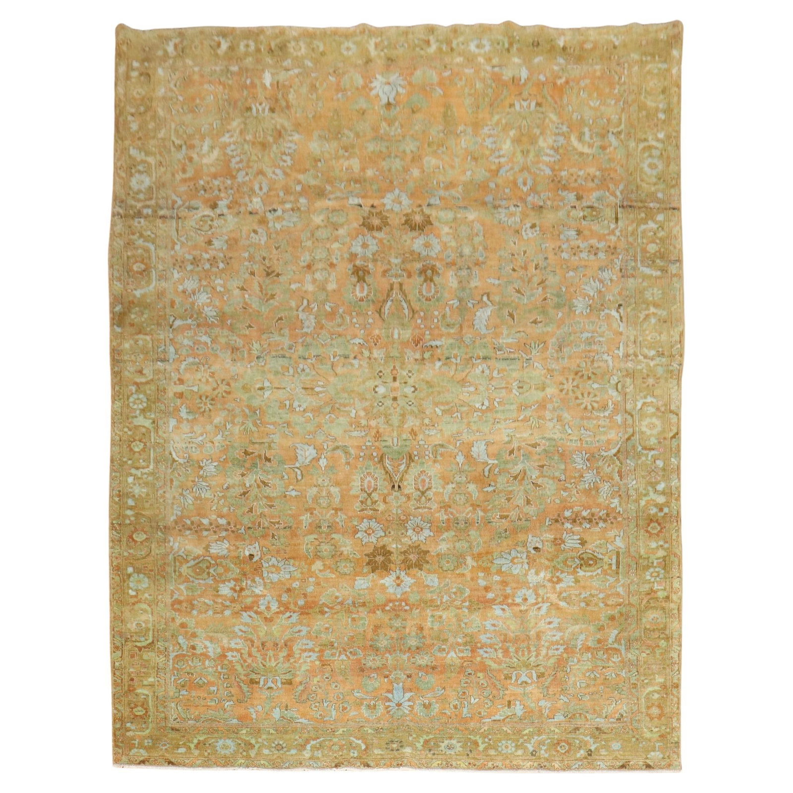 Stunning 1920s Persian Sarouk Rug Coral Color Hand-Knotted Wool 7'1" x 10'3": Stunning 1920s Persian Sarouk Rug Coral Color Hand-Knotted Wool 7'1" x 10'3" This magnificent Persian Sarouk rug from the early 20th century showcases a stunning coral color field. Hand-knotted from h