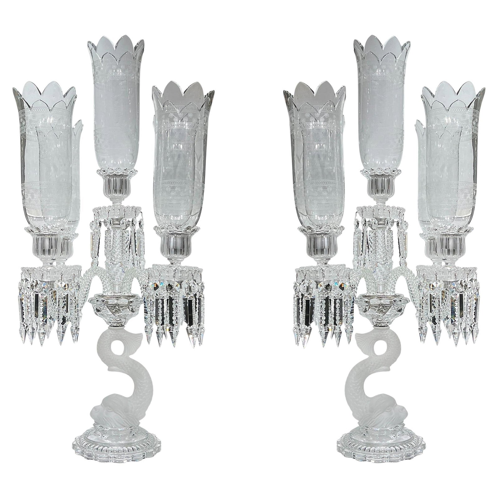 Set of Two Dolphin Motif Five-Light Crystal Candelabra Inspired by Baccarat: Set of Two Dolphin Motif Five-Light Crystal Candelabra Inspired by Baccarat This pair of five-light crystal glass candelabras features molded dolphin form standards inspired by the classic Baccarat de