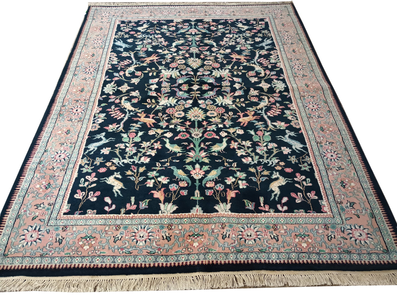 Hunting Paradise Hand-Knotted Wool Rug 5.8 x 7.7 ft Black: Hunting Paradise Hand-Knotted Wool Rug 5.8 x 7.7 ft Black Free continental US Shipping Enhance your living space with the Hunting Paradise Handmade Wool Rug in Black, measuring 5.8 x 7.7 feet (68 x 91