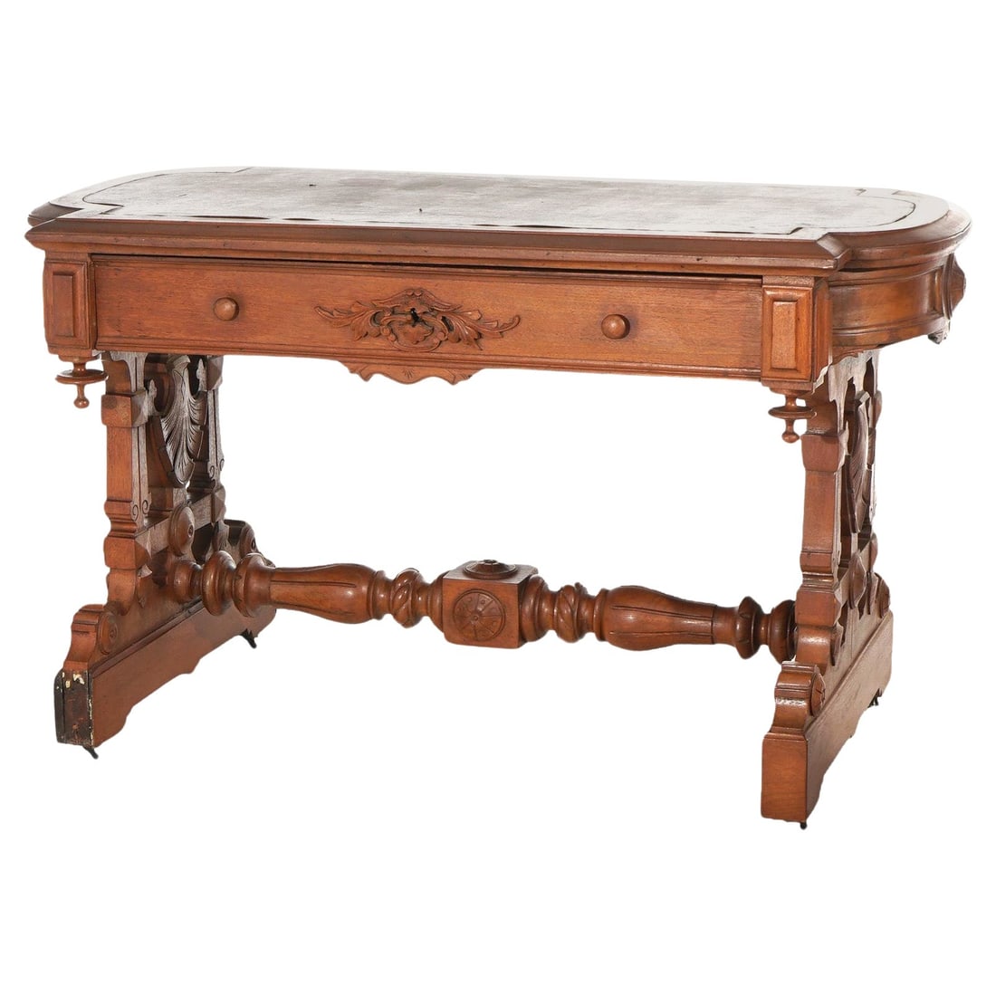 Antique Victorian Carved Walnut Trestle Desk Renaissance Revival c1890: Antique Victorian Carved Walnut Trestle Desk Renaissance Revival c1890 This exquisite Antique Victorian Renaissance Revival Desk, dating back to circa 1890, showcases the elegance and craftsmanship of