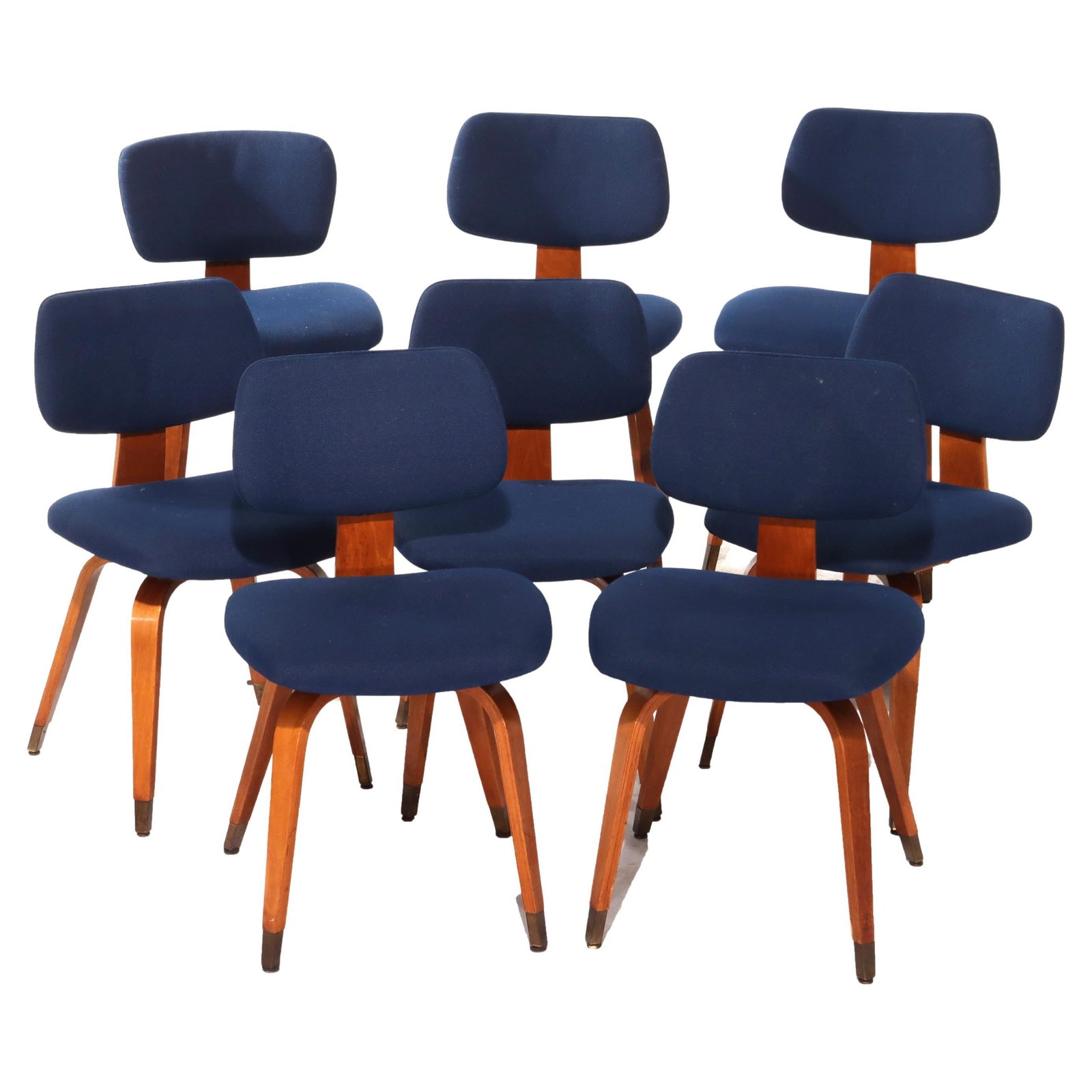 Set of 8 Teak and Upholstered Chairs Mid-Century Modern Circa 1960: Set of 8 Teak and Upholstered Chairs Mid-Century Modern Circa 1960 This set includes eight vintage Mid-Century Modern chairs from around 1960. Each chair features blue upholstered seats and backs, pai