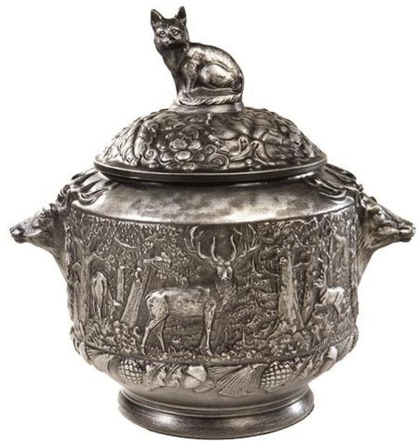 Lodge Style Silver Soup Tureen with Deer Scene: Lodge Style Silver Soup Tureen with Deer Scene This item is made at time of order. Please allow 42 to 70 days for production. Experience the charm of rustic elegance with this Lodge Style Silver Turee