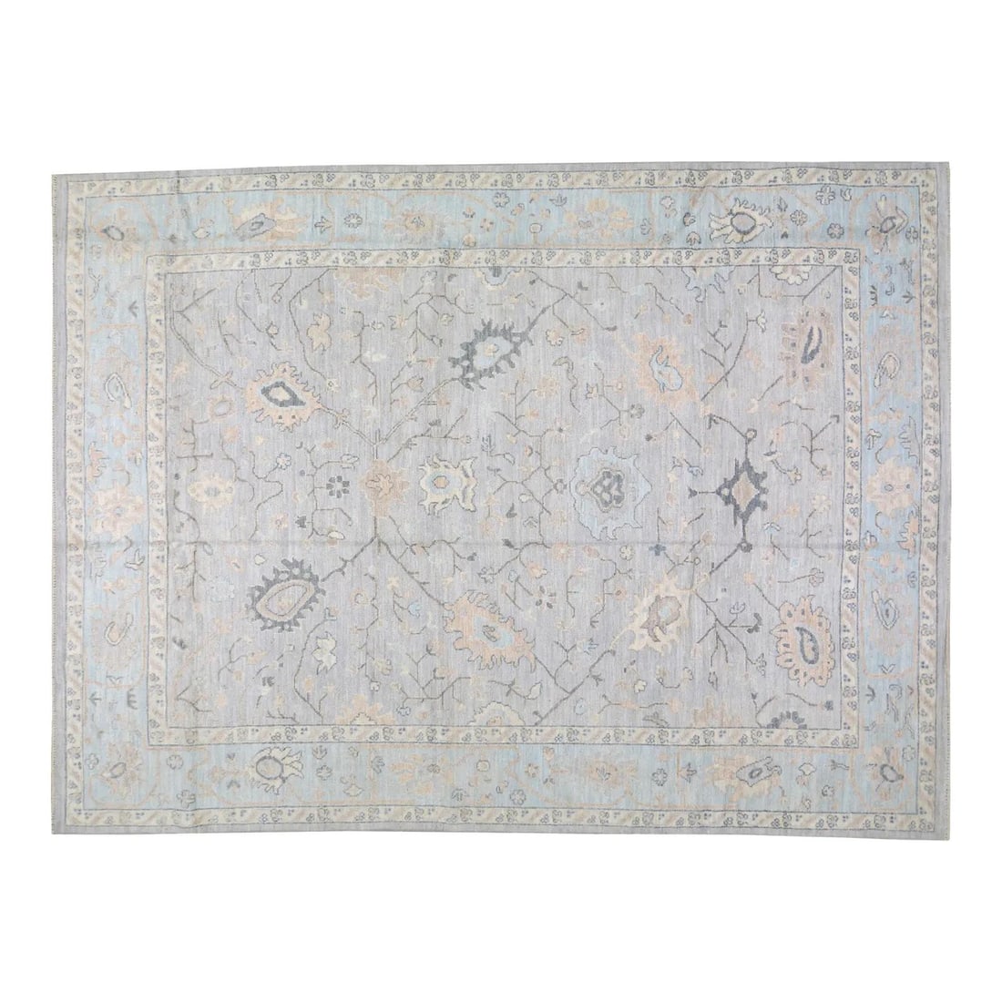 8'10 x 11'9 Gray Wool Oushak Hand-Knotted Area Rug: 8'10 x 11'9 Gray Wool Oushak Hand-Knotted Area Rug This Oushak hand-knotted wool rug is crafted using traditional techniques, offering a blend of timeless craftsmanship and modern design. The rug feat