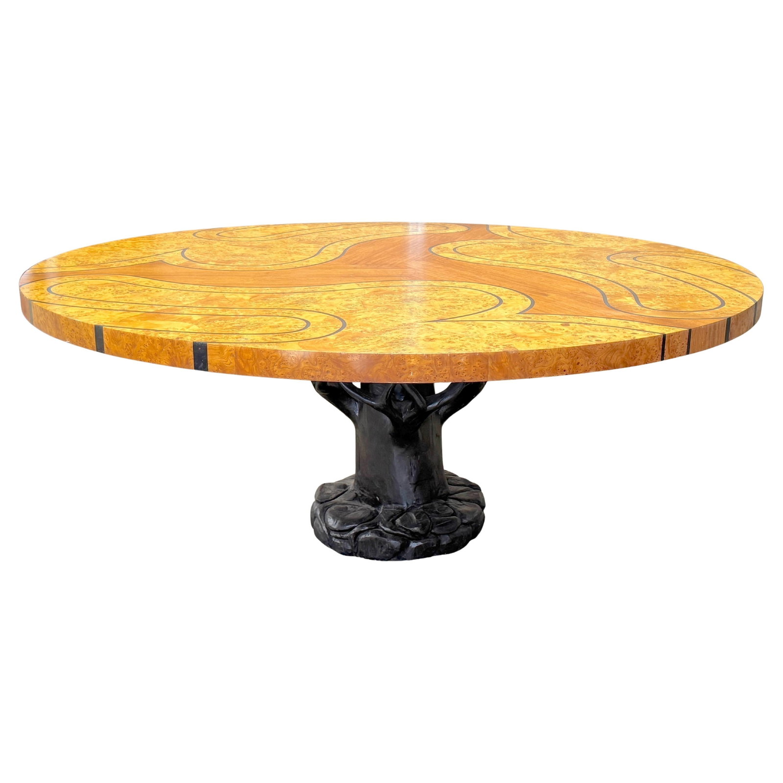 Circular Burl Wood Inlaid Table in the Style of Wendell Castle: Circular Burl Wood Inlaid Table in the Style of Wendell Castle This Organic Modern burl wood inlaid tree circular table, in the style of Wendell Castle, exemplifies late 20th-century American studio f