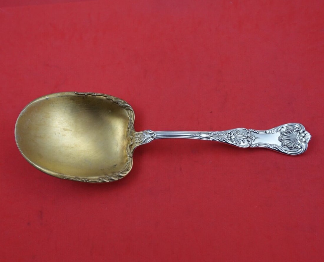 Gorham King George Sterling Silver Gold Washed Berry Spoon 9": Gorham King George Sterling Silver Gold Washed Berry Spoon 9" Presenting a stunning King George Berry Spoon crafted by Gorham, this exquisite serving spoon features a gold-washed square bowl, measurin