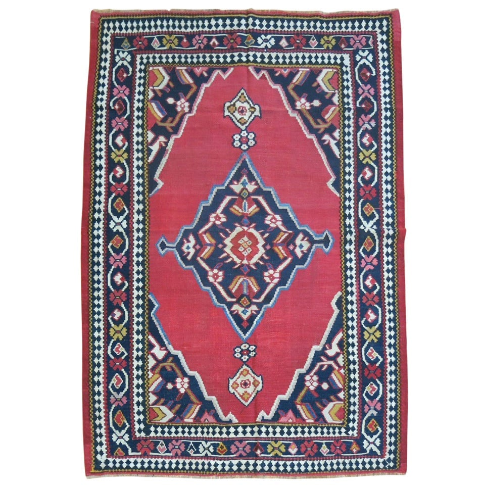 19th Century Persian Senneh Kilim Rug Jewel Toned Wool 48x66: 19th Century Persian Senneh Kilim Rug Jewel Toned Wool 48x66 This exquisite 19th Century Persian Senneh Kilim showcases a stunning array of jewel tones, woven with meticulous craftsmanship. Measuring 