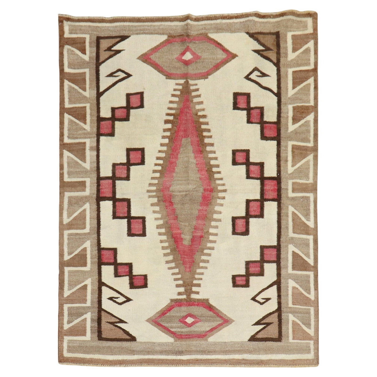 Antique Navajo Hand-Woven Wool Rug Geometric Design 41x53: Antique Navajo Hand-Woven Wool Rug Geometric Design 41x53 This exquisite Antique American Navajo Ivory Tribal Rug showcases a striking geometric tribal design, enriched with pink, camel, and brown acc