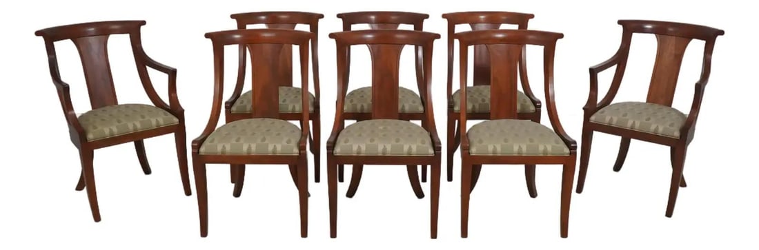 Elegant Set of 8 Stickley Regency Style Cherry Dining Chairs: Elegant Set of 8 Stickley Regency Style Cherry Dining Chairs This exquisite set of 8 dining room chairs showcases a classic Regency style, crafted from solid cherry wood. Each chair is a testament to 