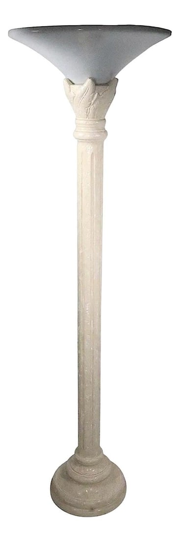 Chic Hollywood Regency Plaster Plastic Torchiere Floor Lamp 67.75in: Chic Hollywood Regency Plaster Plastic Torchiere Floor Lamp 67.75in This elegant Post Modern Hollywood Regency floor lamp features a chic cast plaster and plastic design, crafted in the USA circa 1980