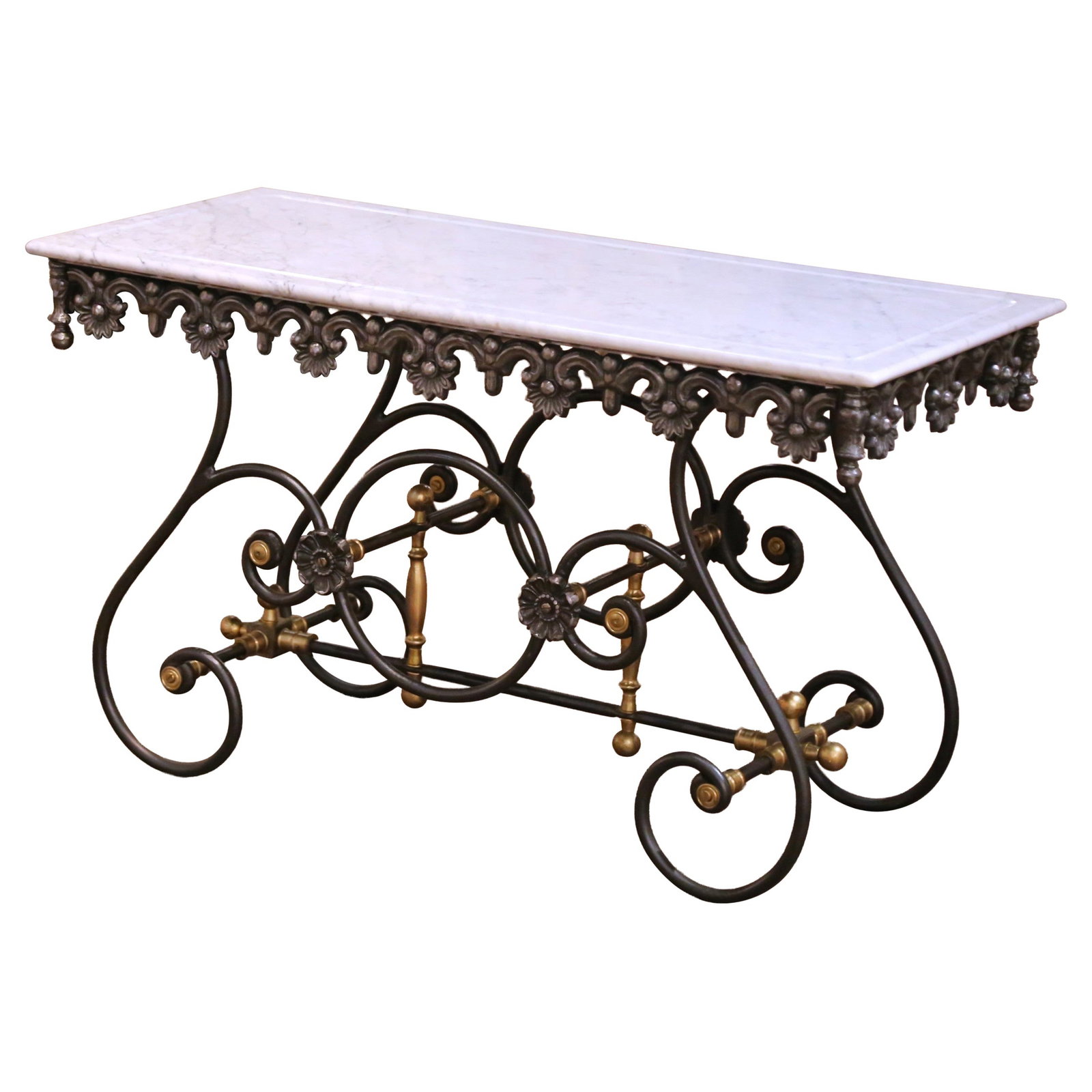 French Iron and Brass Pastry Table with Carrara Marble Surface Circa 1980: French Iron and Brass Pastry Table with Carrara Marble Surface Circa 1980 This late 20th century French pastry table features a hand-forged iron base with gracefully scrolled legs, joined by a stretch