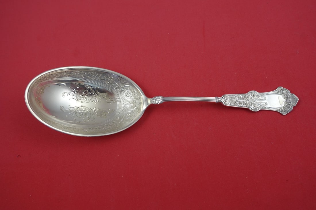 Whiting Alhambra Sterling Silver Berry Spoon 9 1/4 Bright Cut Chased Bowl: Whiting Alhambra Sterling Silver Berry Spoon 9 1/4 Bright Cut Chased Bowl This exquisite Alhambra berry spoon by Whiting features a bright cut design with a beautifully chased bowl, measuring 9 1/4". 