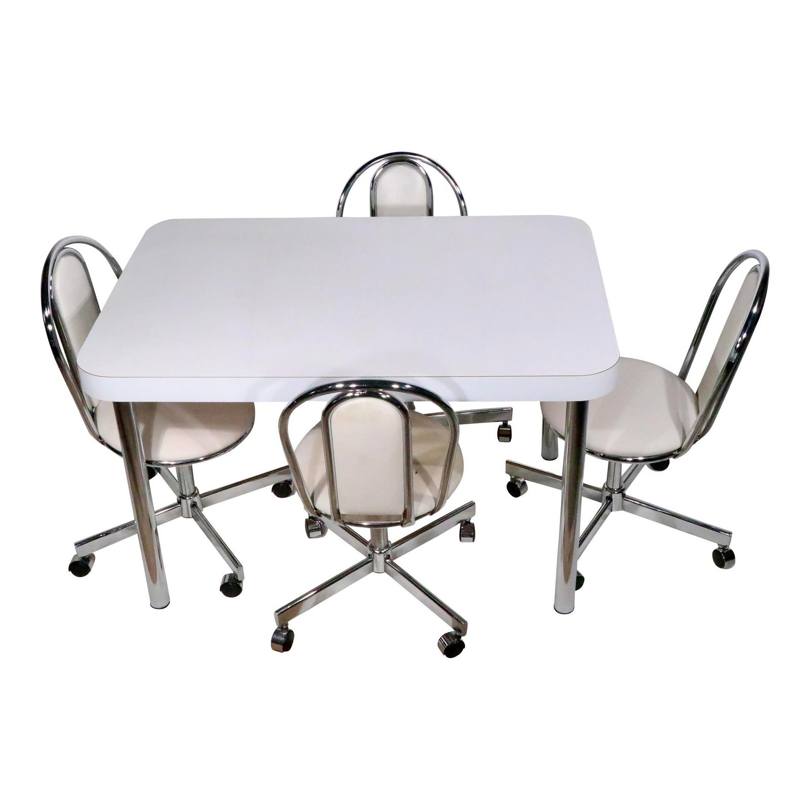 5 Piece Vintage Post Modern Space Age Kitchen Set Chrome White Vinyl 1970s: 5 Piece Vintage Post Modern Space Age Kitchen Set Chrome White Vinyl 1970s Experience the charm of the 1970s with this groovy Post Modern Space Age kitchen set. This five-piece collection features a s