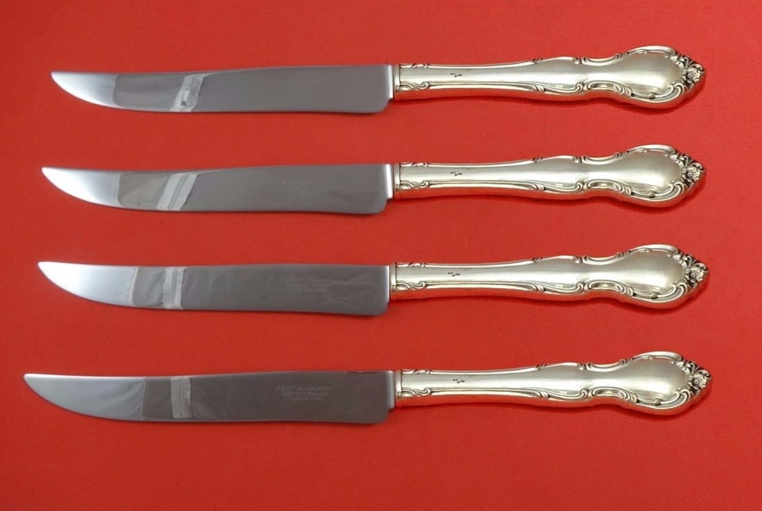 Alvin Pirouette Sterling Silver Steak Knife Set 4pc Texas Sized: Alvin Pirouette Sterling Silver Steak Knife Set 4pc Texas Sized Introducing the Pirouette by Alvin Sterling Silver Steak Knife Set, a remarkable 4-piece collection designed for those who appreciate qu
