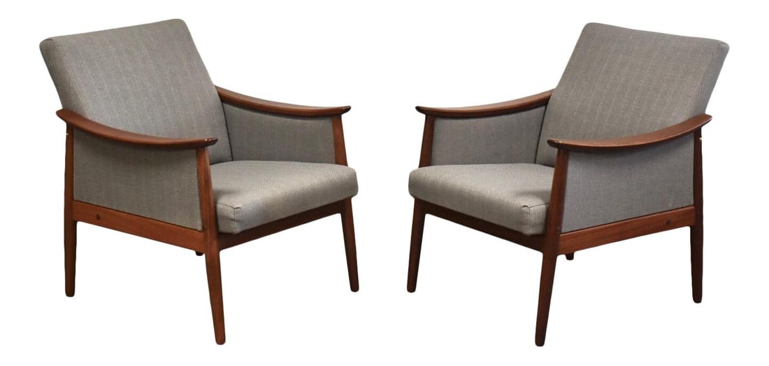 Mid Century Modern Danish Teak Lounge Chairs Pair Gray Fabric: Mid Century Modern Danish Teak Lounge Chairs Pair Gray Fabric This stunning pair of mid-century modern lounge chairs features a sleek design crafted from high-quality teak wood, complemented by elegan