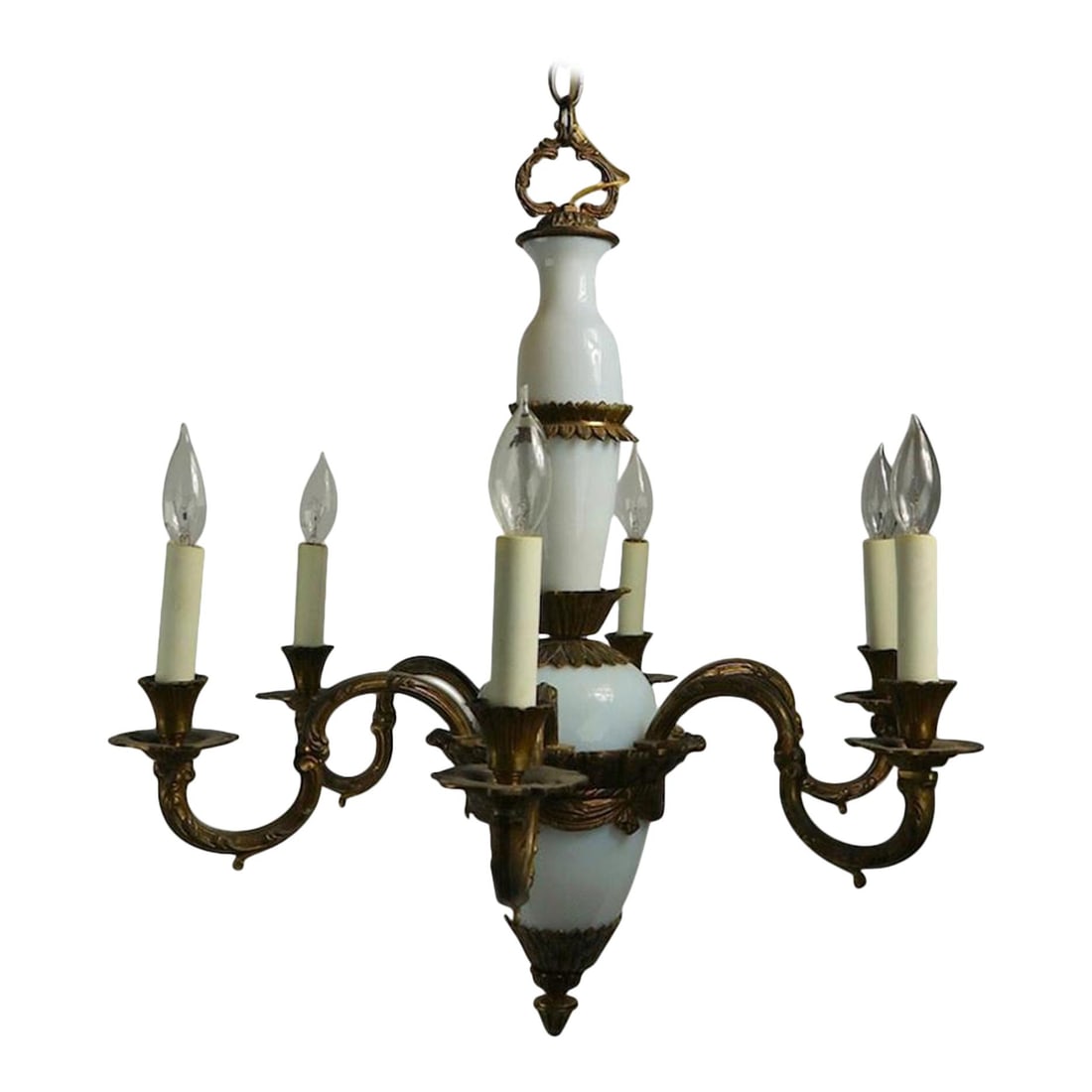 Elegant French Opaline Glass Brass Chandelier 6 Arms 26 Diameter: Elegant French Opaline Glass Brass Chandelier 6 Arms 26 Diameter Illuminate your space with this stunning French opaline glass and cast brass chandelier. A classic piece featuring six elegantly design