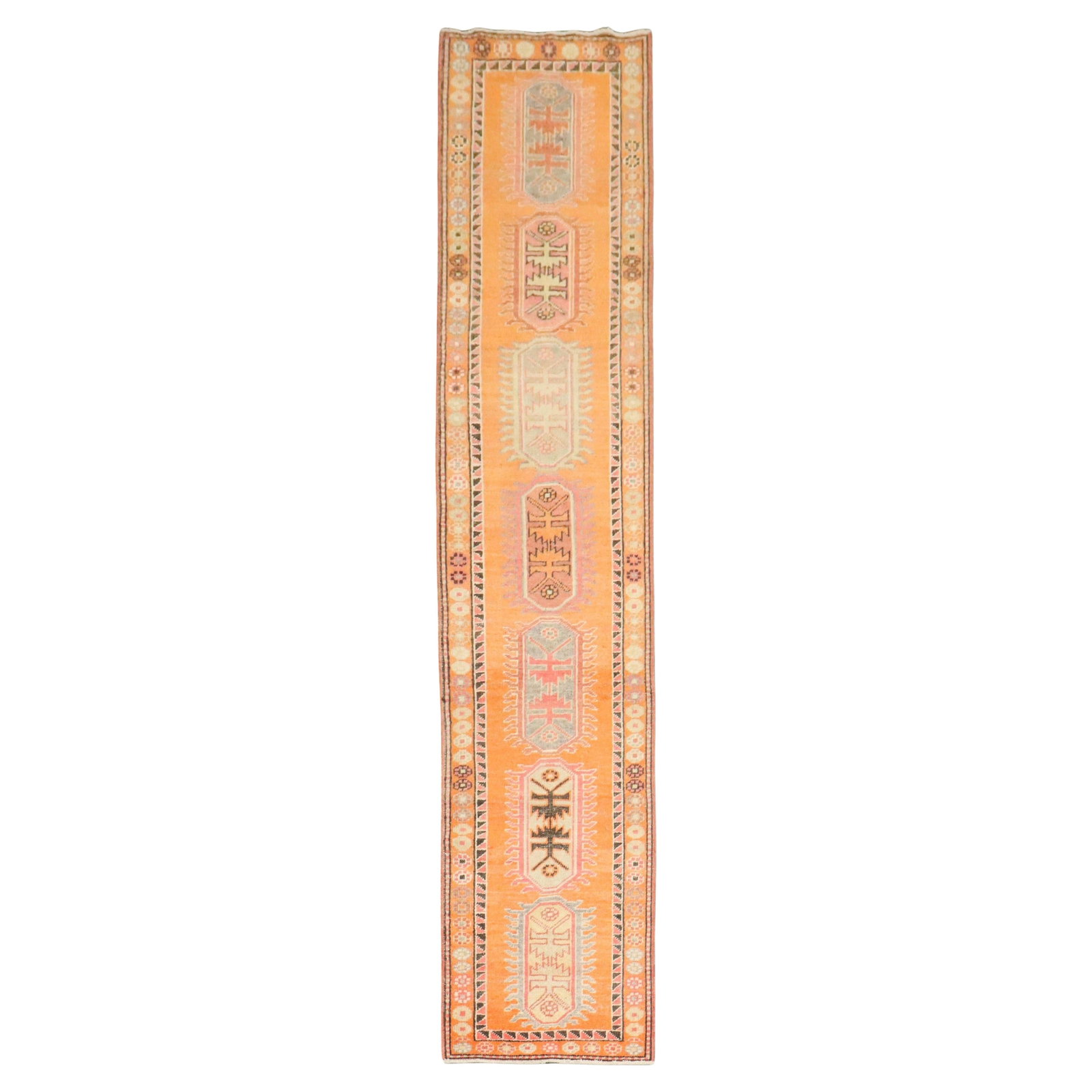 Mid 20th Century Anatolian Wool Runner Rug 2'7 x 12'5 from Turkey: Mid 20th Century Anatolian Wool Runner Rug 2'7 x 12'5 from Turkey This is a colorful vintage Turkish Anatolian runner rug from the mid-20th century. Crafted in Turkey using hand-woven wool, it feature