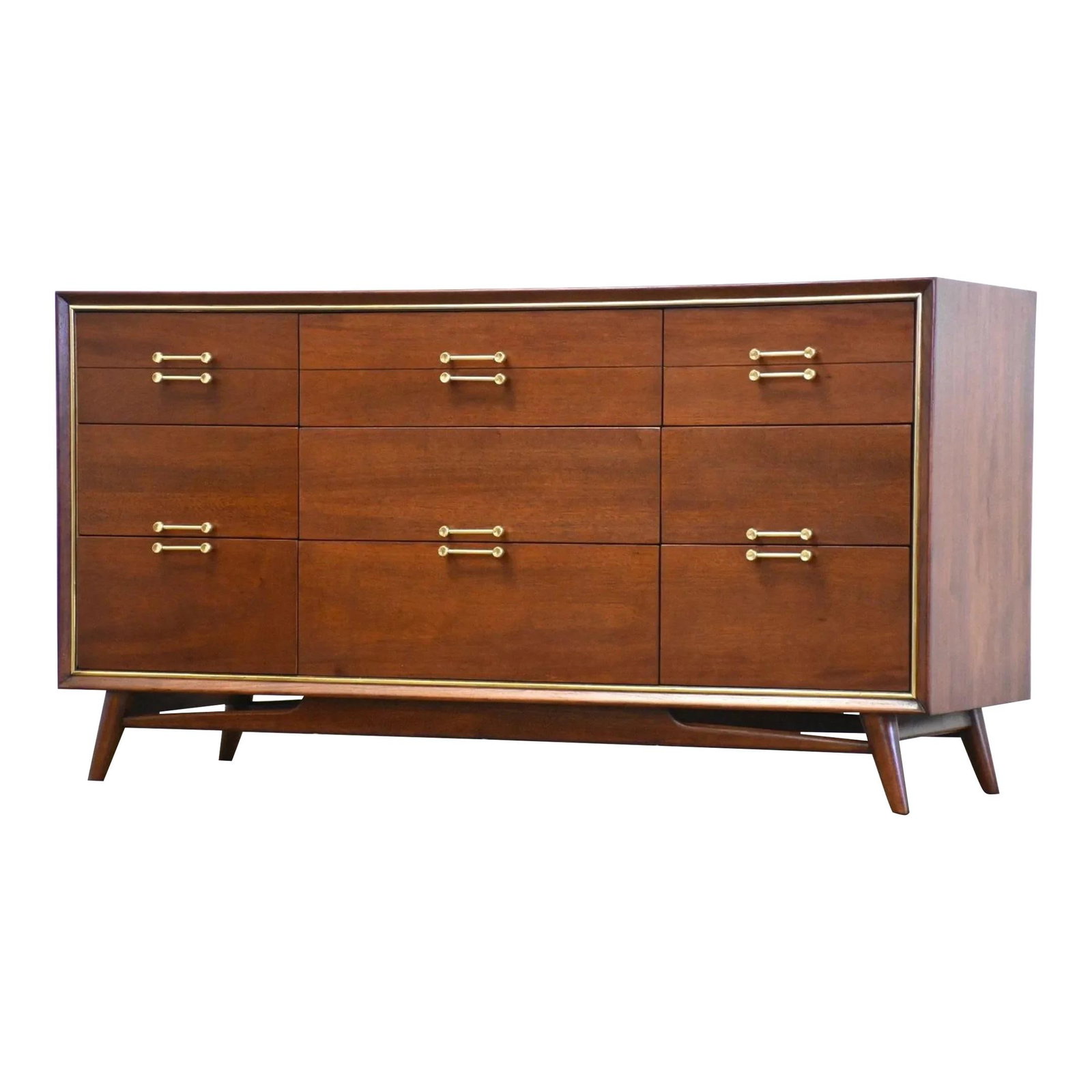 Mid Century Modern Red Lion Mahogany Dresser with Brass Accents: Mid Century Modern Red Lion Mahogany Dresser with Brass Accents This mid-century modern dresser showcases a stunning mahogany construction complemented by elegant brass accents. Crafted by Red Lion Fu