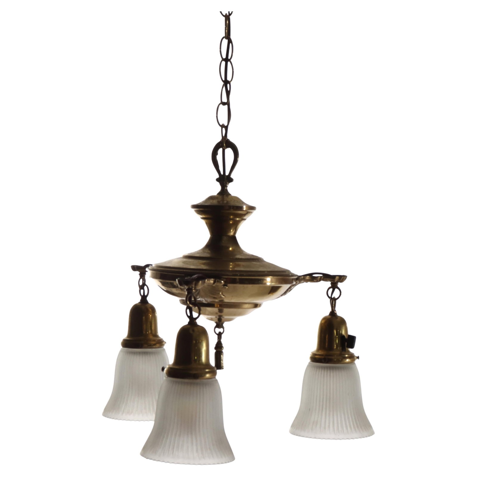 Vintage 3-Light Brass Chandelier with Opalescent Glass Shades C1930: Vintage 3-Light Brass Chandelier with Opalescent Glass Shades C1930 Illuminate your space with this charming antique brass chandelier, dating back to circa 1930. This exquisite piece features three be