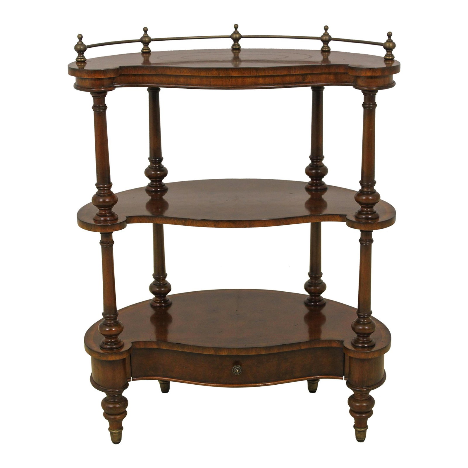 Maitland Smith Mahogany Regency 3 Tier Table with Burl Walnut Top: Maitland Smith Mahogany Regency 3 Tier Table with Burl Walnut Top This stunning Maitland Smith 3 Tier Table showcases a beautiful Regency style with a gorgeous burl walnut top. Crafted from high-quali