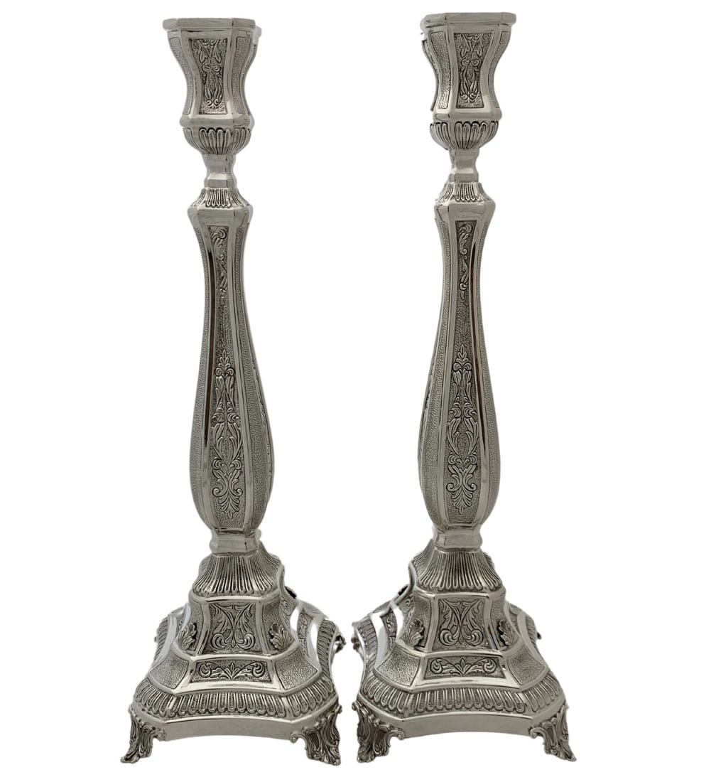 Handmade 925 Sterling Silver Leaf Applique Candlesticks 17 Inches: Handmade 925 Sterling Silver Leaf Applique Candlesticks 17 Inches Illuminate your space with these exquisite handmade candlesticks crafted from fine 925 sterling silver. The elegant chased leaf appliq