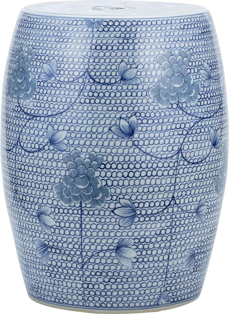 Elegant Handmade Blue Porcelain Garden Stool with Floral Design: Elegant Handmade Blue Porcelain Garden Stool with Floral Design Enhance your outdoor or indoor space with this Timeless Blue & White Chain Floral Garden Stool. Crafted from high-quality porcelain, thi