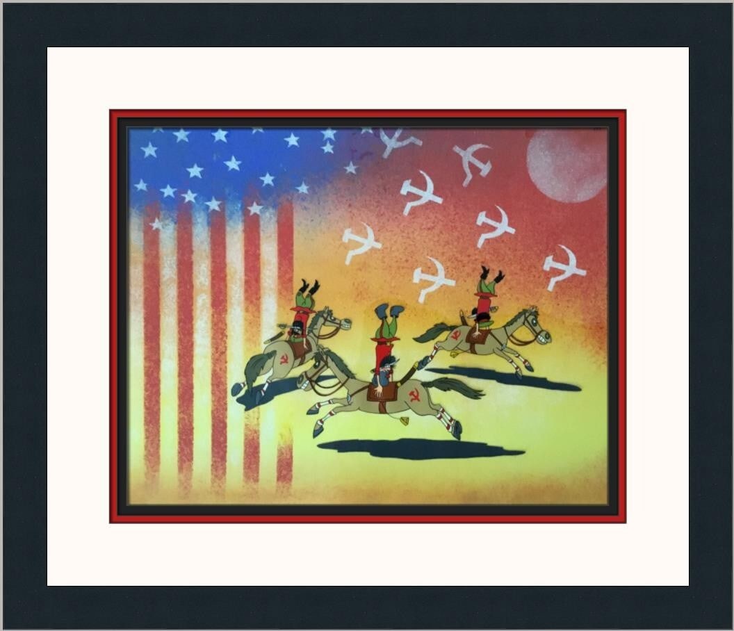 Stereotypes USA USSR Parody Hand Painted Animation Cel Framed 1989: Stereotypes USA USSR Parody Hand Painted Animation Cel Framed 1989 This striking hand-painted animation production cel features Russian Horse Riders from the parody titled 'Stereotypes', produced by L