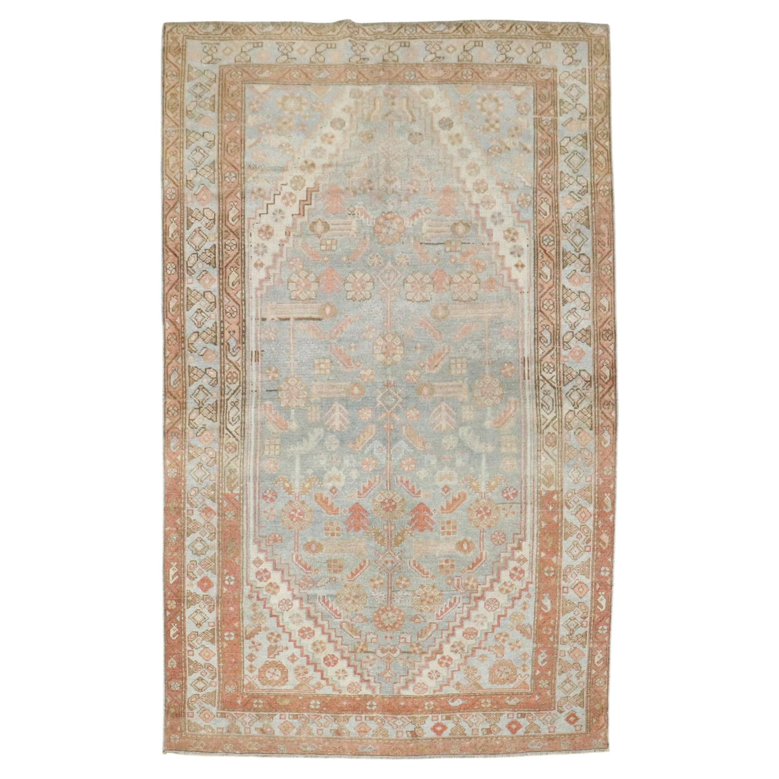 Early 20th Century Malayer Wool Rug With Soft Blue Accents 4'5 x 6'8: Early 20th Century Malayer Wool Rug With Soft Blue Accents 4'5 x 6'8 This antique Persian Malayer accent rug features a soft blue color palette and a traditional hand-knotted wool construction. Origin