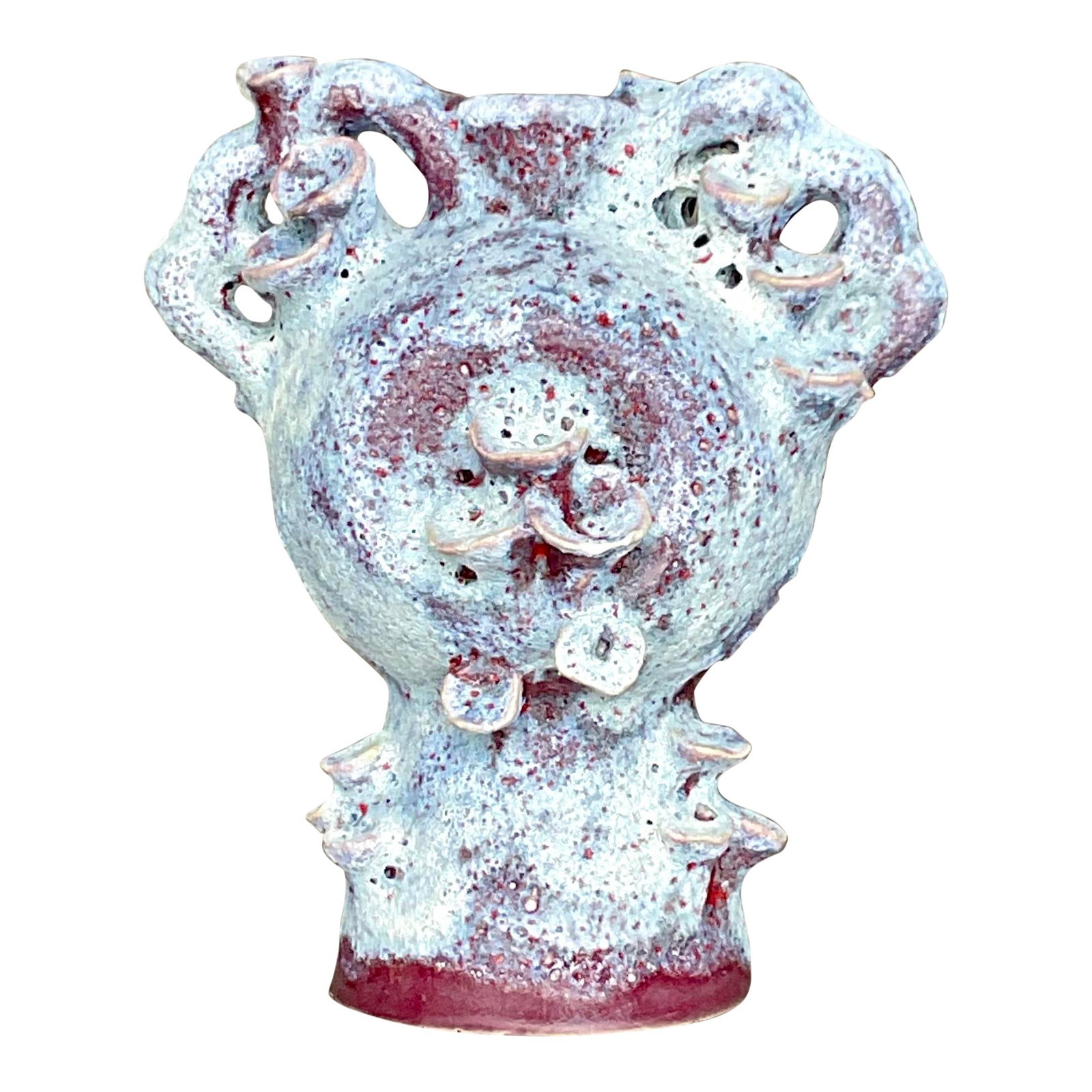 Vintage Boho Ruby Red Lava Glaze Pottery Sculpture: Vintage Boho Ruby Red Lava Glaze Pottery Sculpture This stunning vintage Boho lava glazed sculpture showcases exquisite hand-crafted studio pottery with an abstract design. The vibrant ruby red color 