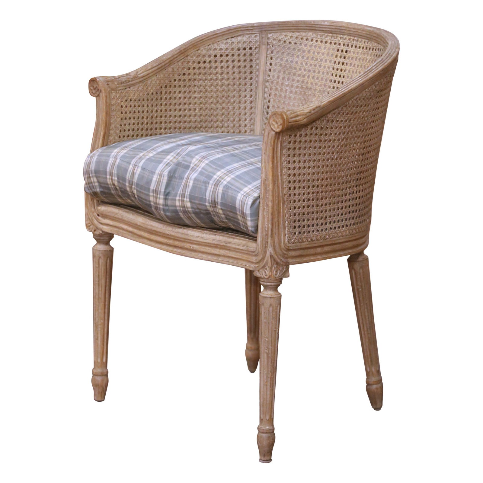 Painted Cane Vanity Chair in Louis XVI Design with Loose Seat Cushion: Painted Cane Vanity Chair in Louis XVI Design with Loose Seat Cushion This elegant Louis XVI style vanity chair from the late 20th century is inspired by classic French seating designs of the 18th cen