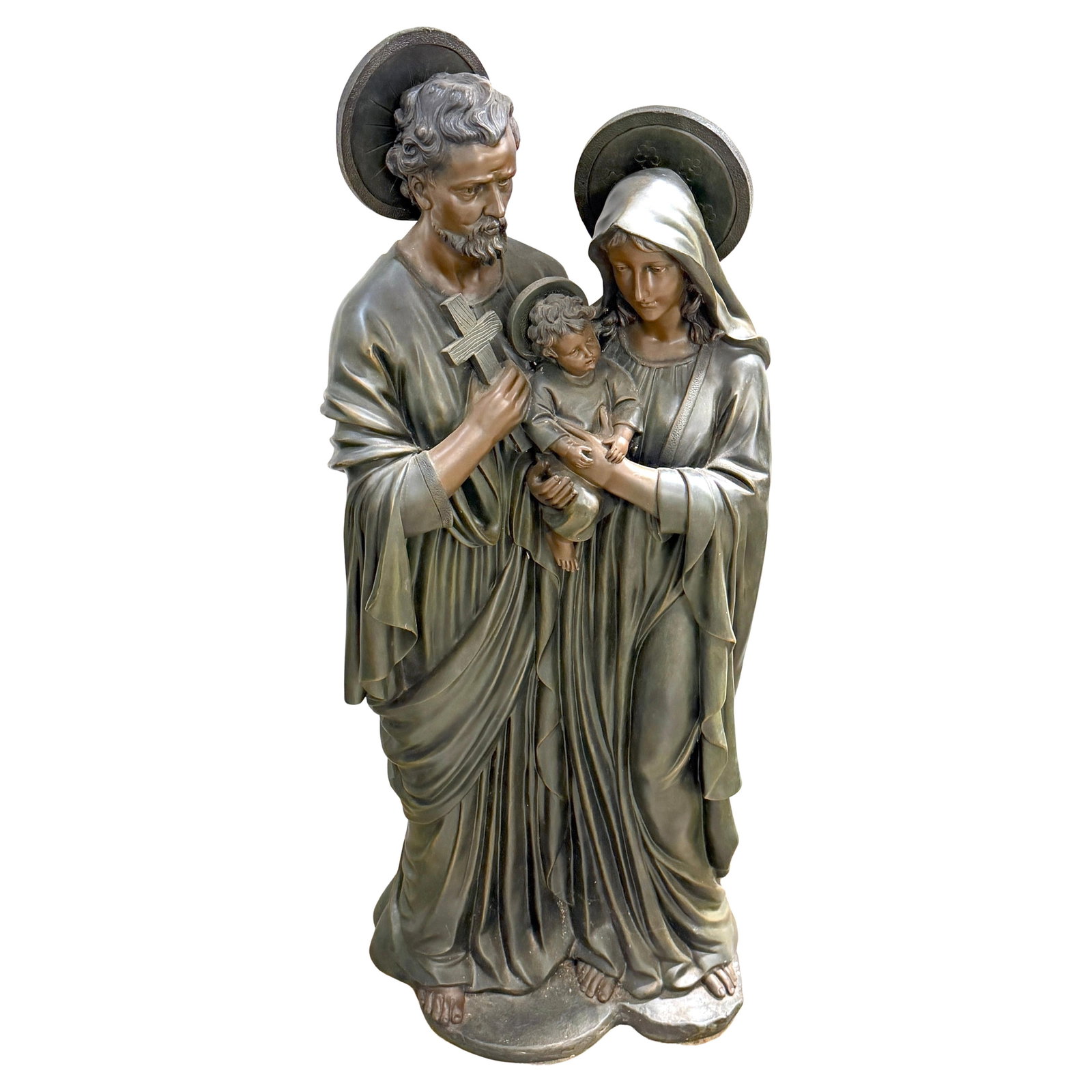 42 Inch Italian Bronze-Clad Devotional Holy Family Sculpture Late 20th Century: 42 Inch Italian Bronze-Clad Devotional Holy Family Sculpture Late 20th Century This large-scale bronze-clad sculpture depicts the Holy Family--Saint Joseph, the Virgin Mary, and the Christ Child--in a