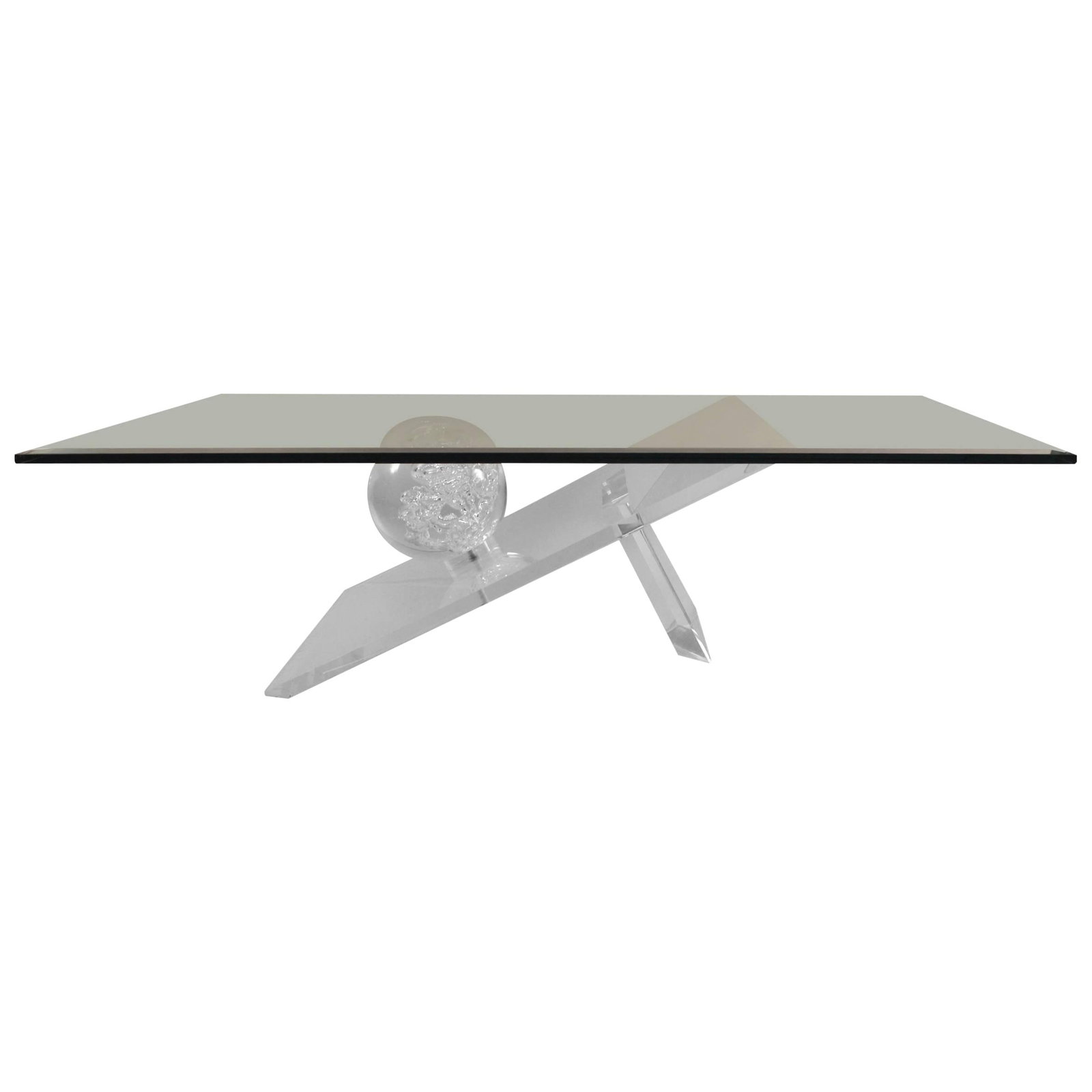 Modern Lucite and Glass Table with Bevelled Top: Modern Lucite and Glass Table with Bevelled Top This elegant Lucite and Glass Table features a sturdy Lucite base with a striking large ball form that supports a thick, bevelled glass top. The glass t