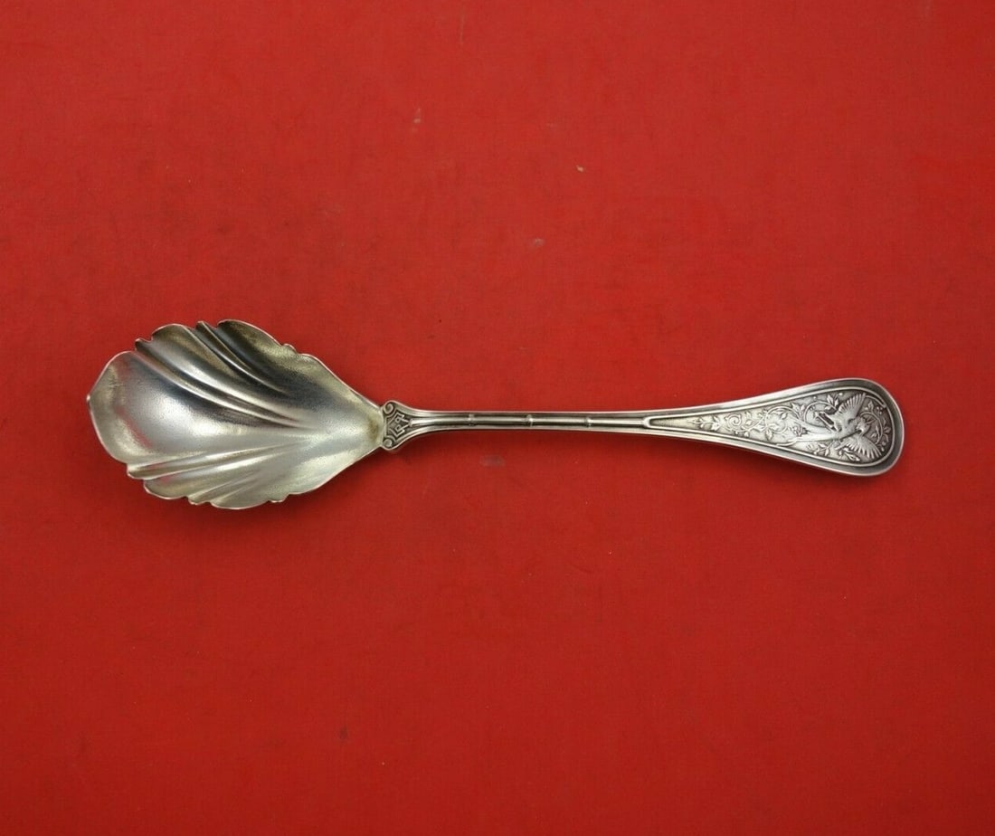 Wendt Sterling Silver Bird Preserve Spoon 7 Inch Shell Bowl: Wendt Sterling Silver Bird Preserve Spoon 7 Inch Shell Bowl This exquisite preserve spoon, crafted by Wendt, features a stunning shell bowl design and showcases a beautiful multi-motif pattern inspire