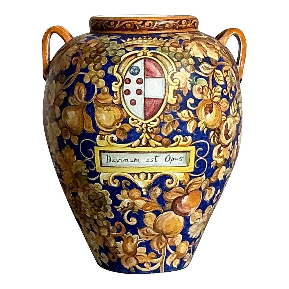 Hand Painted Italian Ceramic Majolica Style Monumental Urn with Floral Motifs: Hand Painted Italian Ceramic Majolica Style Monumental Urn with Floral Motifs This vintage Italian monumental hand-painted urn showcases the rich tradition of Italian ceramic artistry. Featuring a str