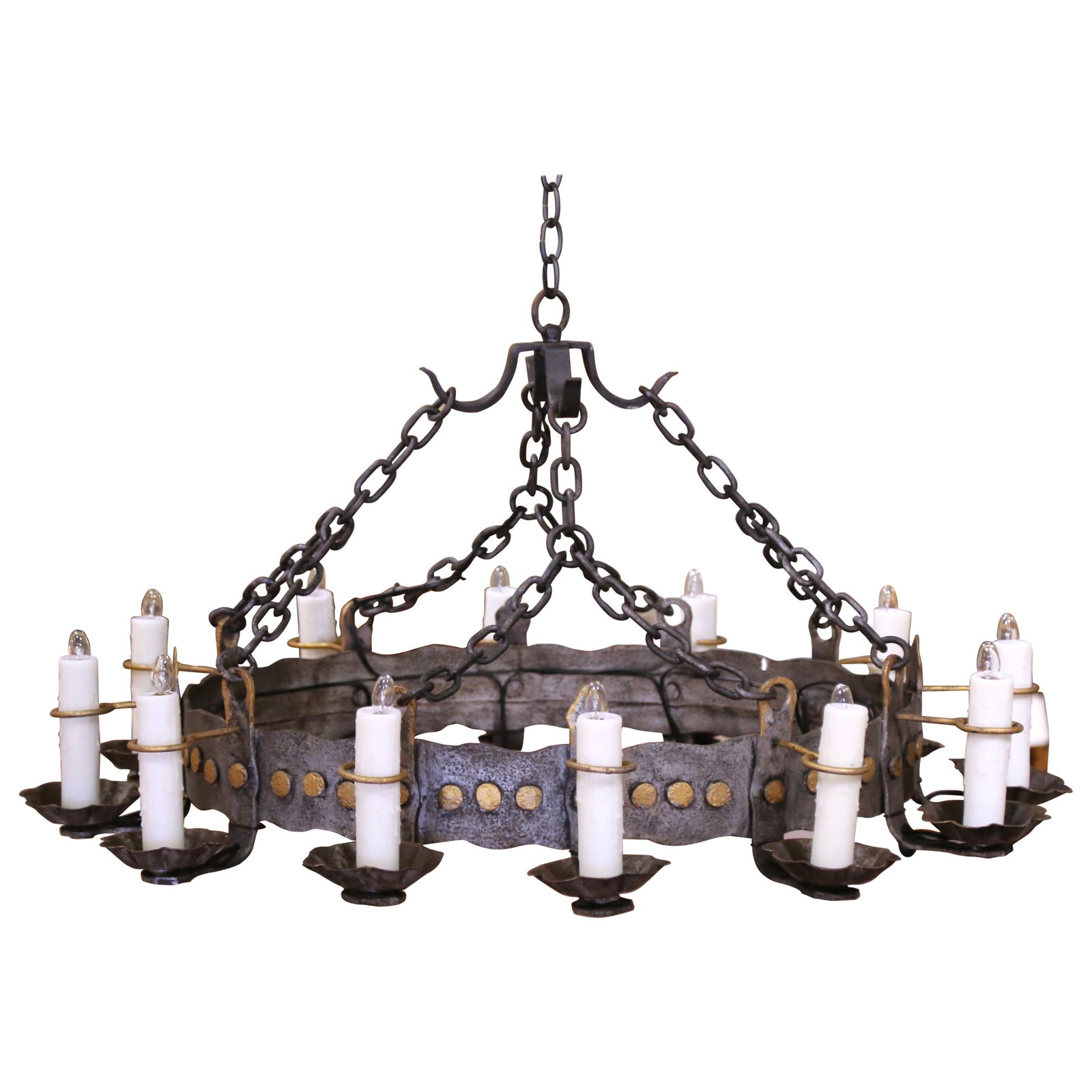 Early 20th Century French Gothic Twelve-Light Wrought Iron Chandelier: Early 20th Century French Gothic Twelve-Light Wrought Iron Chandelier Illuminate your space with this stunning Early 20th Century French Gothic Twelve-Light Iron Chandelier. Crafted circa 1920 in Fran