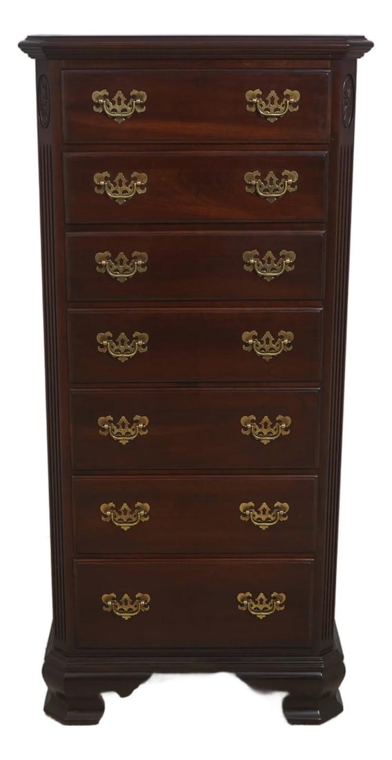 Georgian Court Cherry Wood Semainier Chest with Seven Drawers and Brass Hardware: Georgian Court Cherry Wood Semainier Chest with Seven Drawers and Brass Hardware This Ethan Allen 7-drawer lingerie chest from the Georgian Court Collection features fine carved details, dovetailed dr