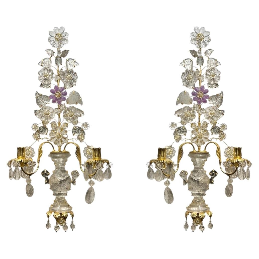 Set of Two Gilt Metal Rock Crystal Sconces in Maison Bagues Style: Set of Two Gilt Metal Rock Crystal Sconces in Maison Bagues Style This pair of un-used bespoke sconces features a Belle Epoque design inspired by the chinoiserie style of Maison Bagues. Each sconce is