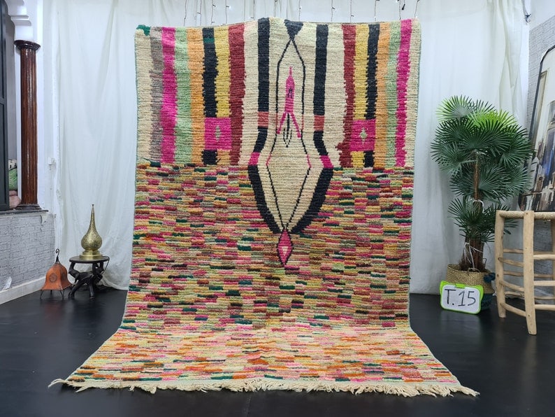 Colorful Handmade Moroccan Berber Wool Rug 8 x 5 Feet: Colorful Handmade Moroccan Berber Wool Rug 8 x 5 Feet Discover the beauty of this authentic hand-knotted Moroccan Berber wool rug, meticulously crafted by skilled local weavers in the Middle Atlas Mou