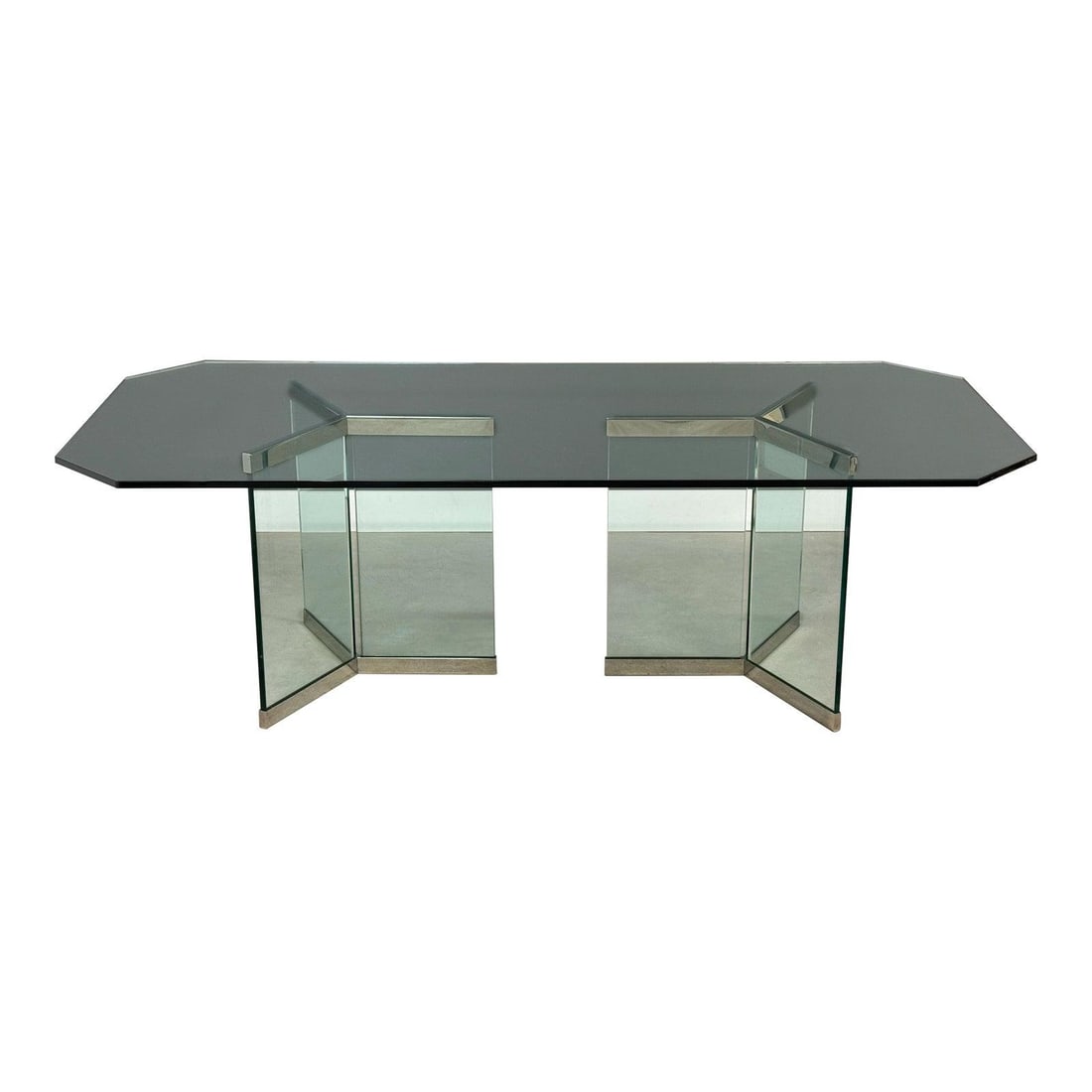 Leon Rosen Chrome and Glass Dining Table for Pace Collection 90x42: Leon Rosen Chrome and Glass Dining Table for Pace Collection 90x42 Elevate your dining space with this stunning post-modern dining table designed by Leon Rosen for the Pace Collection. This exquisite 