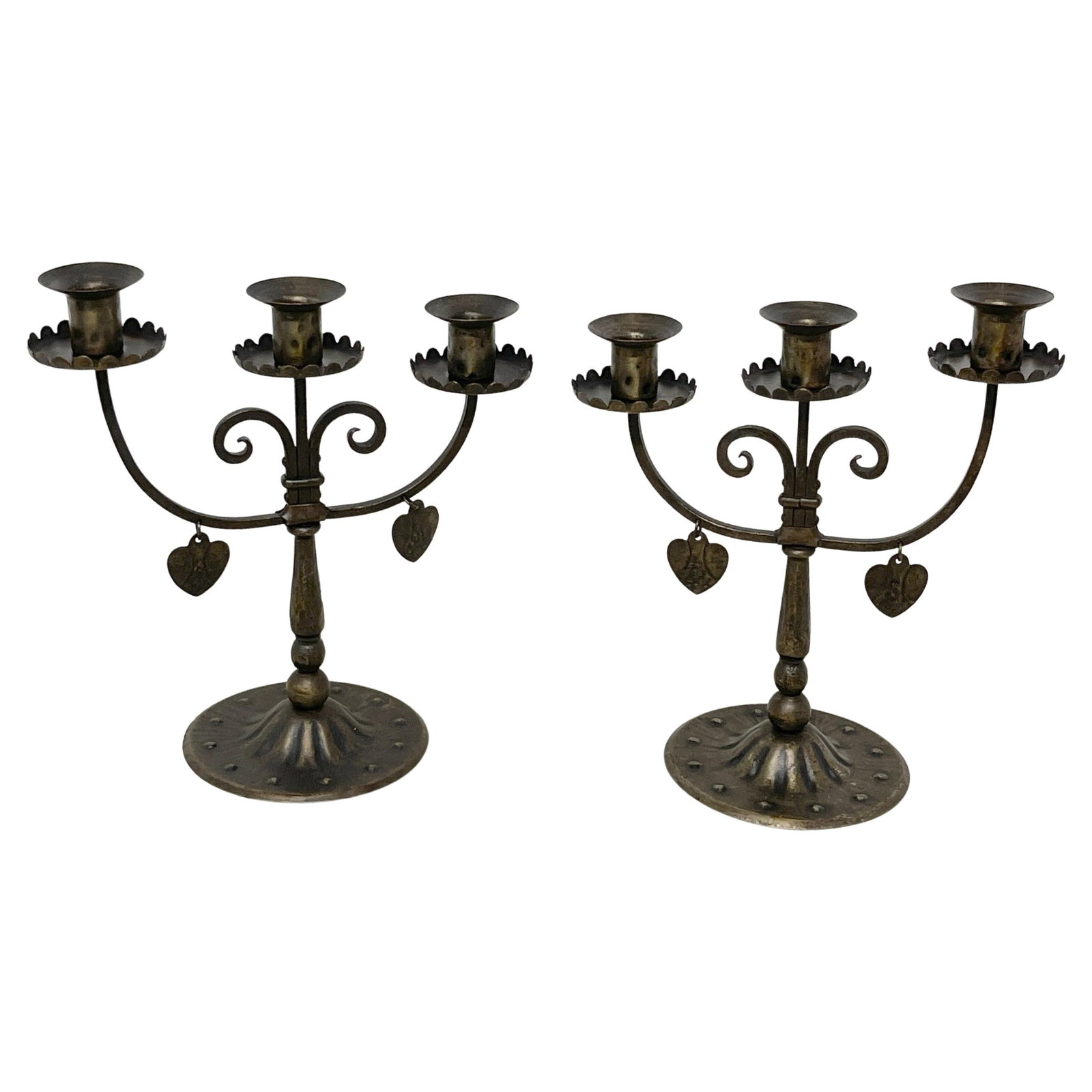 Set of 2 English Arts & Crafts Wrought Iron Candelabra with Hearts: Set of 2 English Arts & Crafts Wrought Iron Candelabra with Hearts Introducing a pair of exquisite English Arts & Crafts wrought iron three-candelabra with hearts, dating back to the early 20th centur