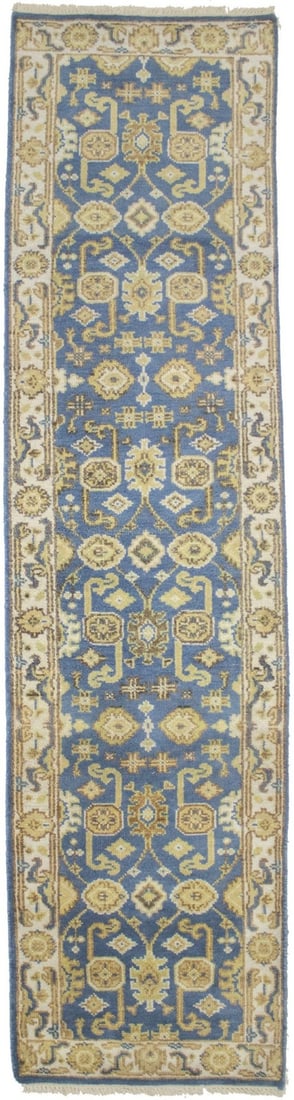 Hand-Knotted Wool Runner Rug Floral Pattern 2'6 x 9'10 Muted Gray Tones: Hand-Knotted Wool Runner Rug Floral Pattern 2'6 x 9'10 Muted Gray Tones This muted gray Oushak Oriental runner rug features a refined floral pattern and is hand-knotted from wool. Designed in a modern