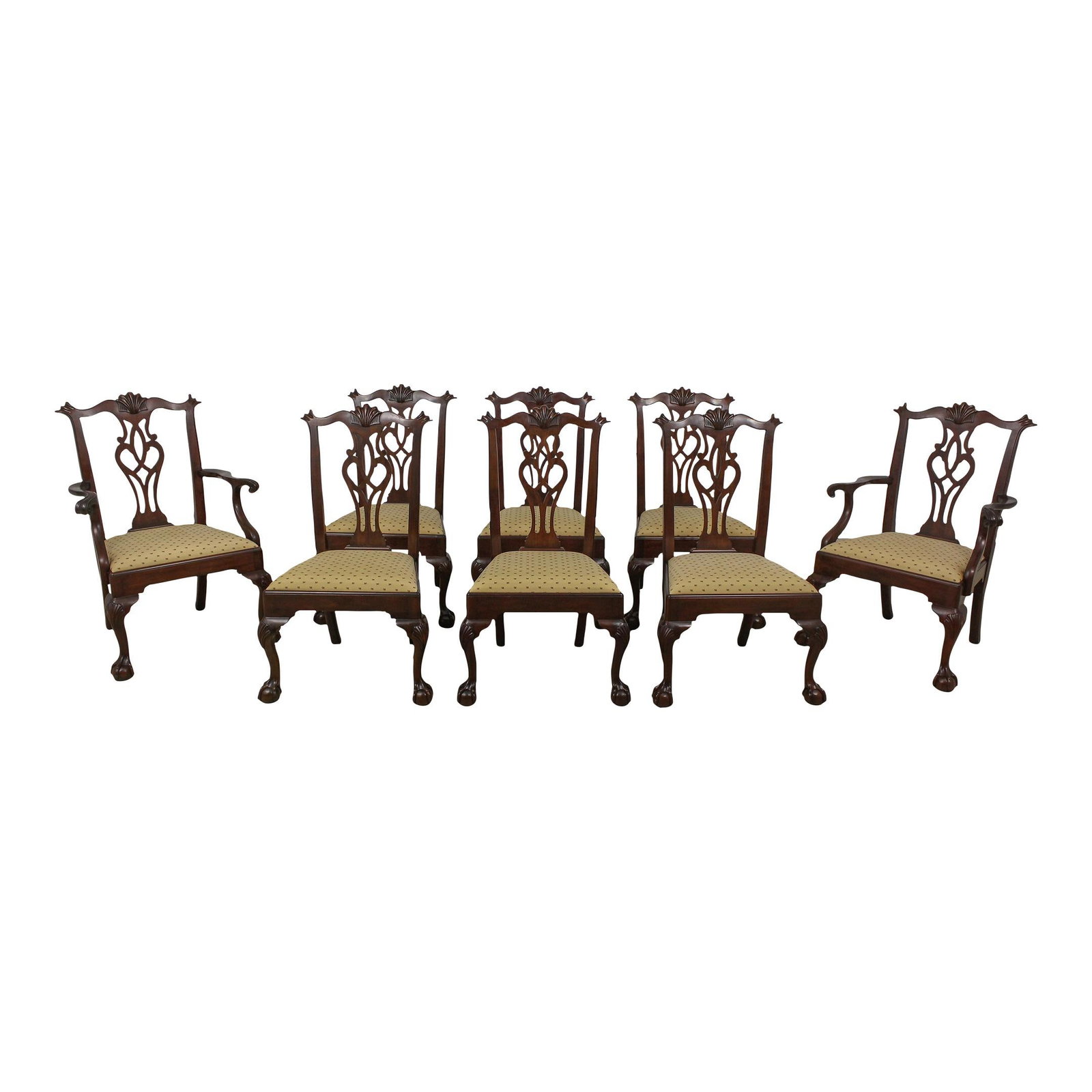 Set of 8 Henkel Harris Mahogany Chippendale Dining Chairs: Set of 8 Henkel Harris Mahogany Chippendale Dining Chairs This exquisite set of 8 Henkel Harris dining room chairs showcases a classic Chippendale style, featuring elegant ball and claw feet. Crafted 