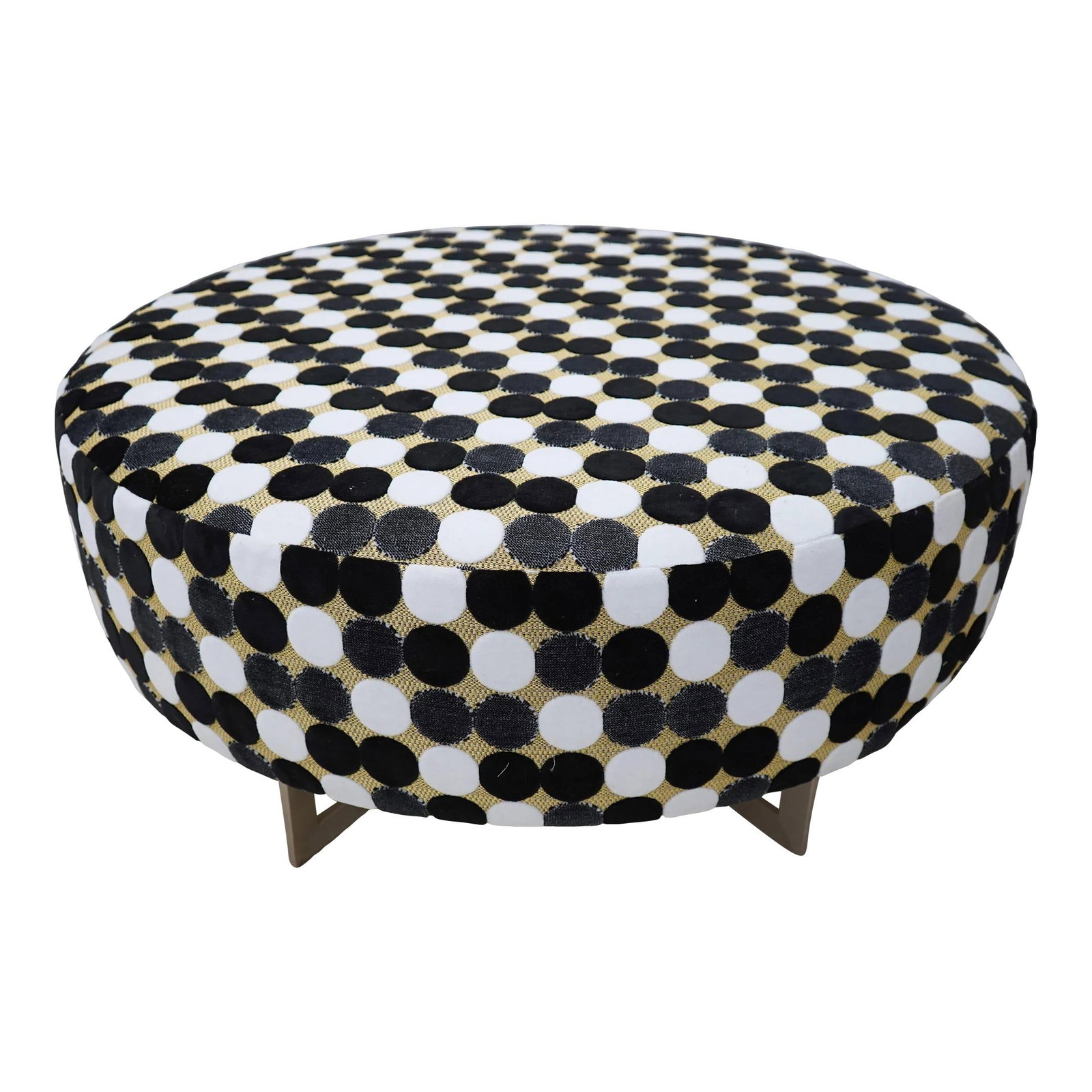 Mid Century Modern Round Ottoman with Steel Base Polka Dot Upholstery: Mid Century Modern Round Ottoman with Steel Base Polka Dot Upholstery This stunning Round Mid Century Modern Ottoman features a striking steel base frame and has been professionally reupholstered in a
