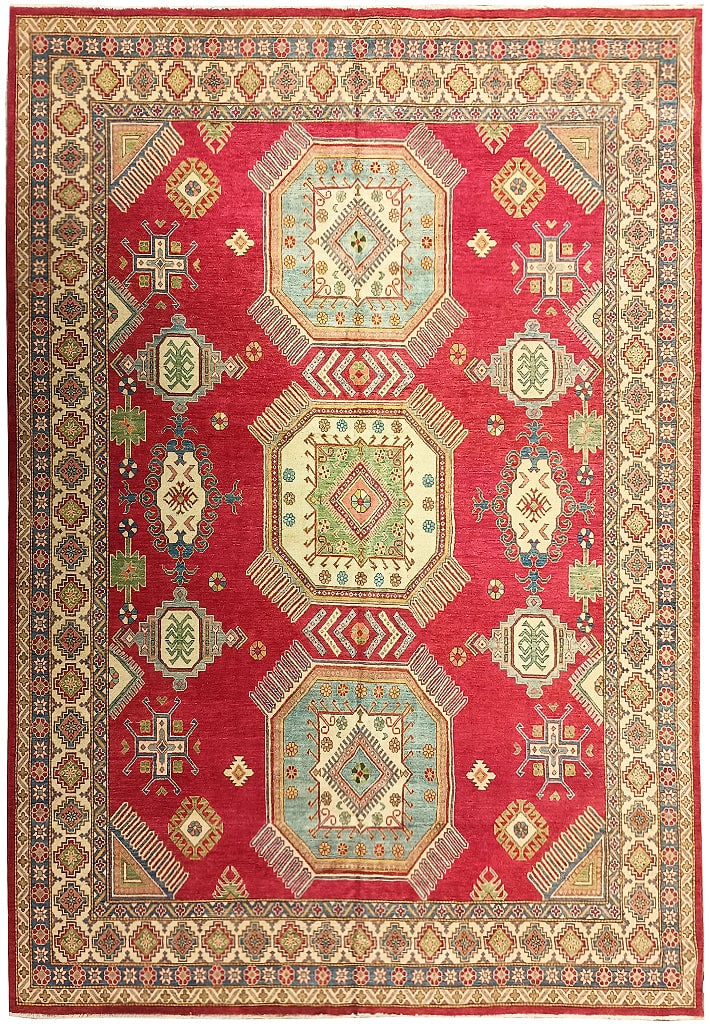 Handmade Kazak Area Rug 10.9 x 15.0 Feet from Pakistan: Handmade Kazak Area Rug 10.9 x 15.0 Feet from Pakistan Free continental US Shipping Transform your living space with this stunning Kazak Rug, expertly handmade in Pakistan. Measuring 10.9 x 15.0 feet 