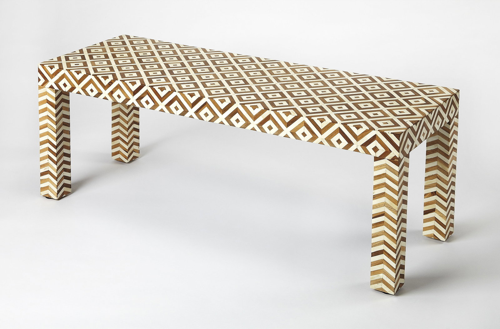 Butler Crispin Bone Inlay Handcrafted Bench Light Brown Wood: Butler Crispin Bone Inlay Handcrafted Bench Light Brown Wood Elevate your space with this Modern Handcrafted Bench featuring intricate bone inlay, expertly crafted by Butler. Designed with a chic, rec