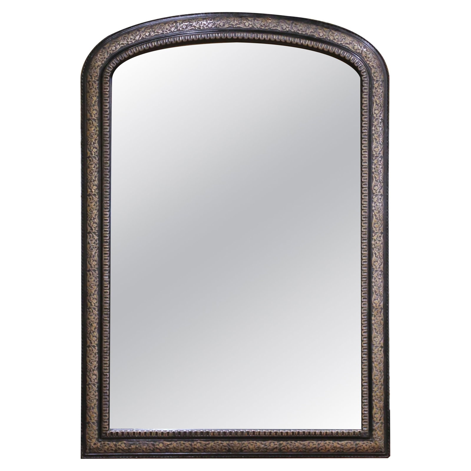 French Louis Philippe Gilt and Ebonized Arched Mercury Glass Wall Mirror c1870: French Louis Philippe Gilt and Ebonized Arched Mercury Glass Wall Mirror c1870 This 19th-century French Louis Philippe wall mirror, crafted circa 1870, showcases a classic arched silhouette with softl