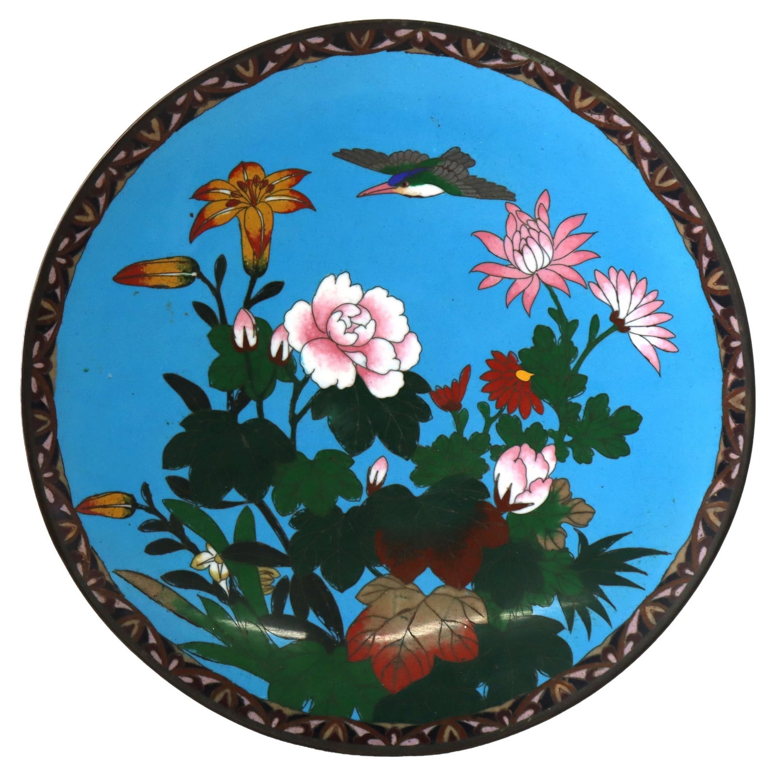 Antique Chinese Cloisonne Enameled Plate C1920 Floral Design 12.25": Antique Chinese Cloisonne Enameled Plate C1920 Floral Design 12.25" This antique Chinese cloisonne enameled plate, dating back to circa 1920, features exquisite floral and figural designs. Showcasing 