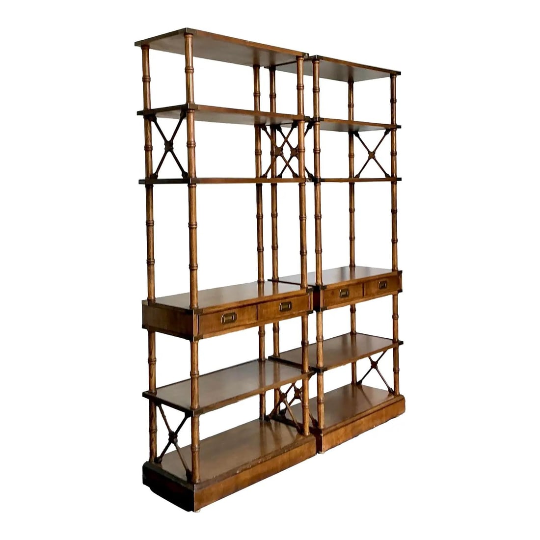 Pair of Walnut Faux Bamboo Campaign Style Etageres With Brass Pull Drawers: Pair of Walnut Faux Bamboo Campaign Style Etageres With Brass Pull Drawers This pair of vintage etageres by Brandt Furniture Company showcases a blend of Mid-Century Campaign style with Boho-chic elem